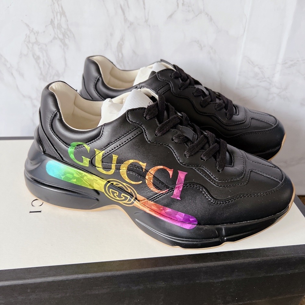 NWT Gucci Womens Rhyton Platform Sneaker Iridescent Black Leather EU 36.5 $990